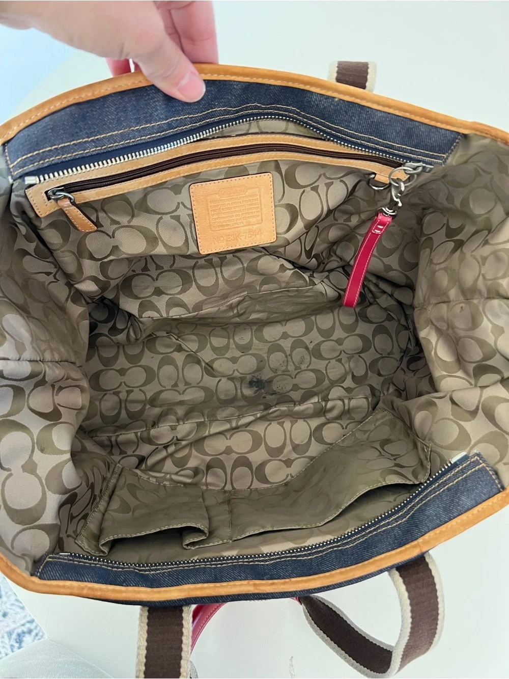Coach Vintage Y2K Denim Varsity Stripe Large Denim Tote Bag Leather Trim 3K-7544